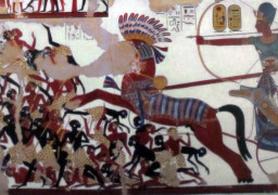 Ramesses II in his war chariot charging into battle against the Nubians